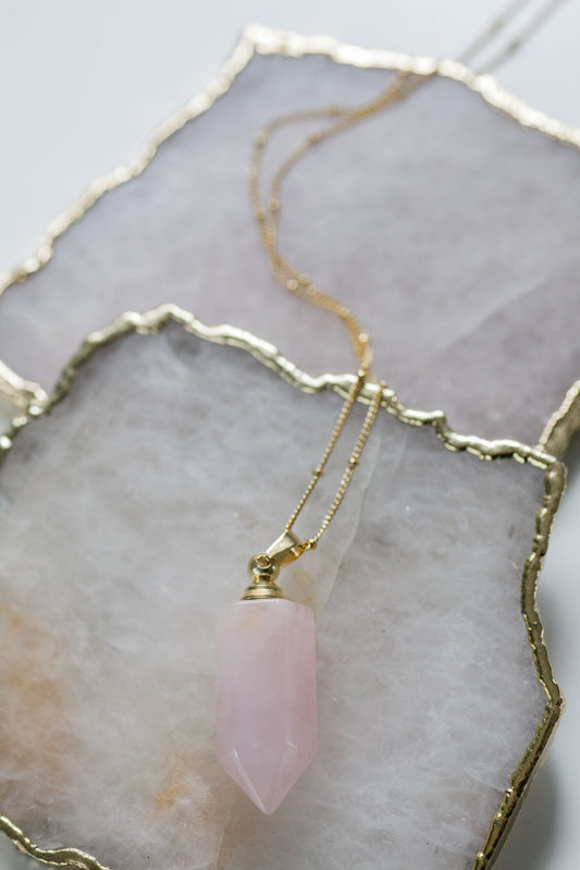 Rose Quartz Gemstone Essential Oil Bottle Necklace