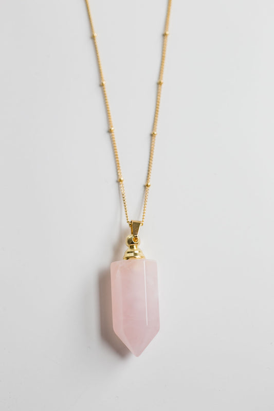 Rose Quartz Gemstone Essential Oil Bottle Necklace
