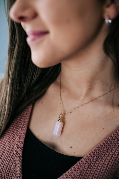 Rose Quartz Gemstone Essential Oil Bottle Necklace