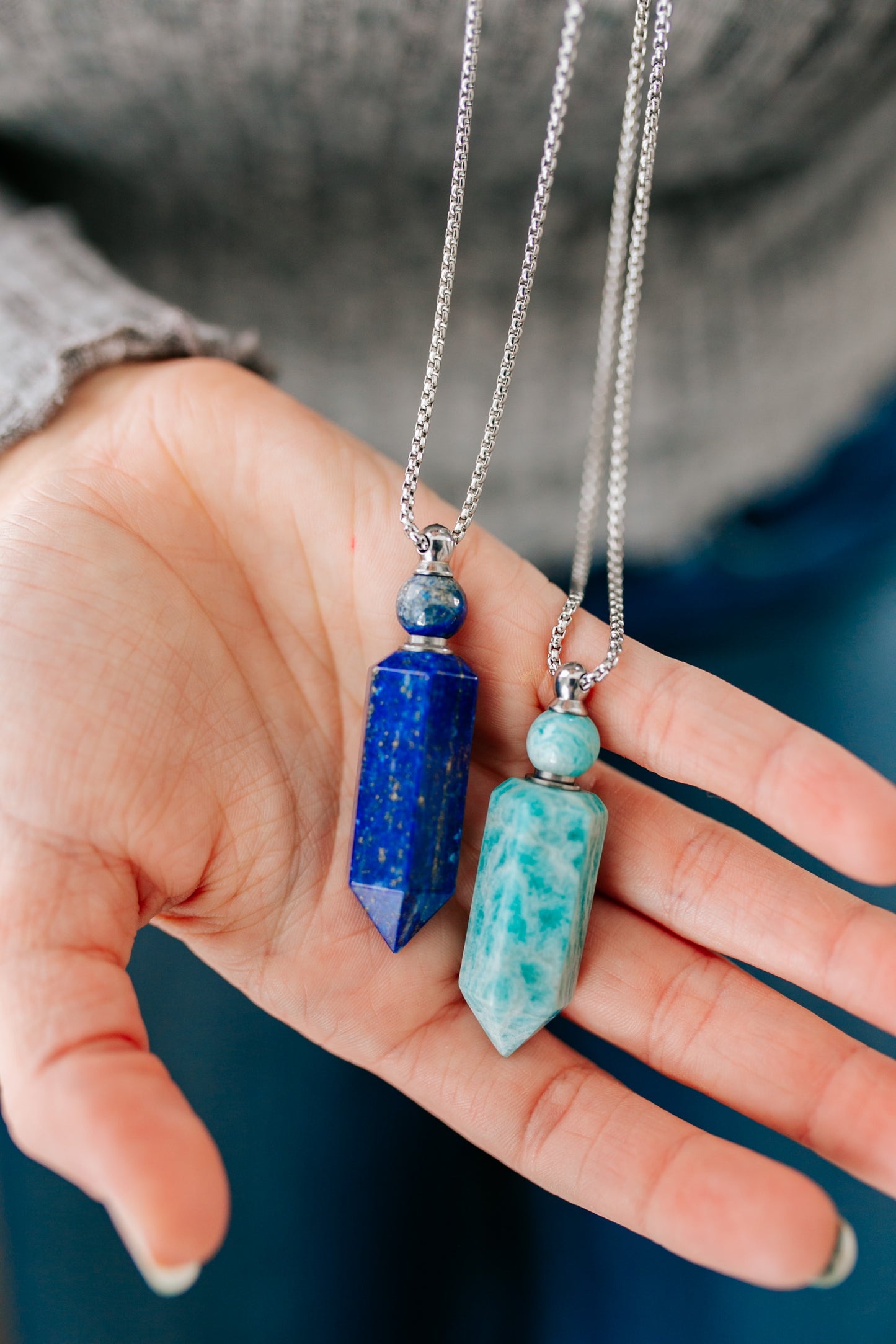 Amazonite or Blue Lapis Essential Oil Bottle Necklace