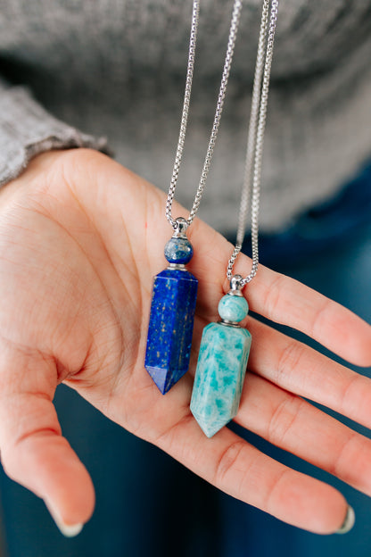 Amazonite or Blue Lapis Essential Oil Bottle Necklace